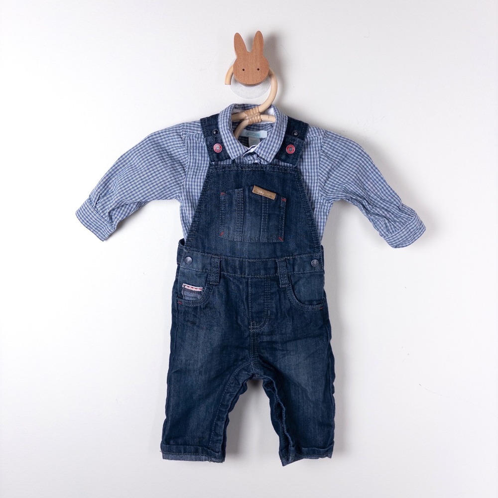 Obaibi Overalls and Shirt Set Kids 3M Blue Denim Micro Check 2pc Outfit